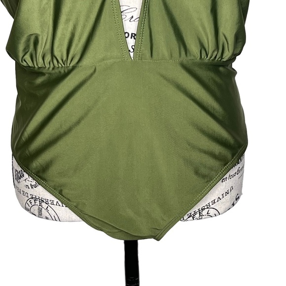 Olive Green One Piece Swim Suit Size 3X Plunging V-Neck Open Back Flutter Sleeve - Picture 15 of 16